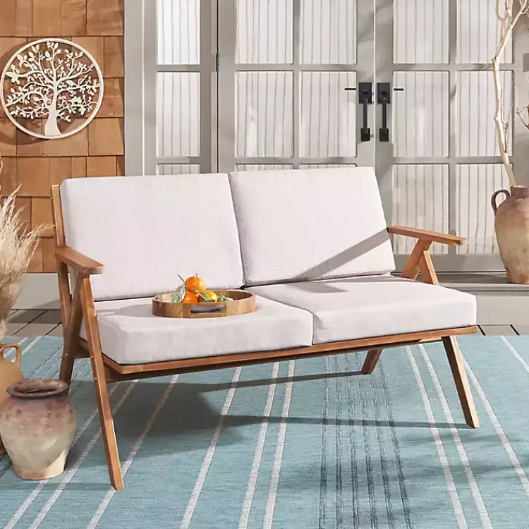 Outdoor Seating-Kirklands Home Upholstered Acacia Wood Outdoor Loveseat Gray