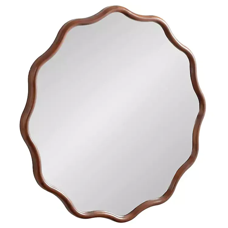 Decorative Mirrors-Kirklands Home Walnut Wavy Scallop Round Wall Mirror Brown