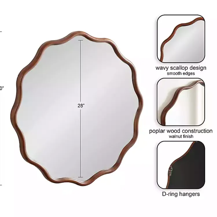 Decorative Mirrors-Kirklands Home Walnut Wavy Scallop Round Wall Mirror Brown