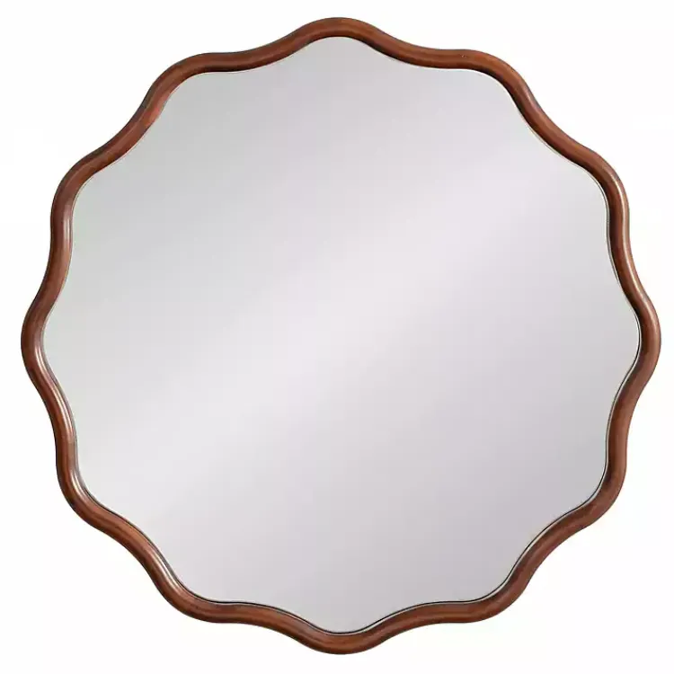 Decorative Mirrors-Kirklands Home Walnut Wavy Scallop Round Wall Mirror Brown