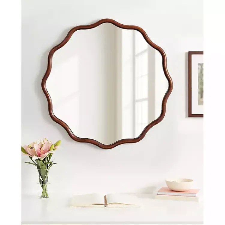 Decorative Mirrors-Kirklands Home Walnut Wavy Scallop Round Wall Mirror Brown