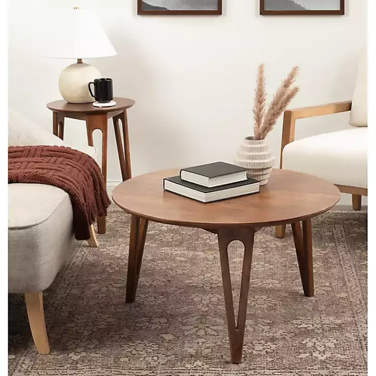 Coffee Tables-Kirklands Home Walnut Mango Wood Round Kershaw Coffee Table Brown