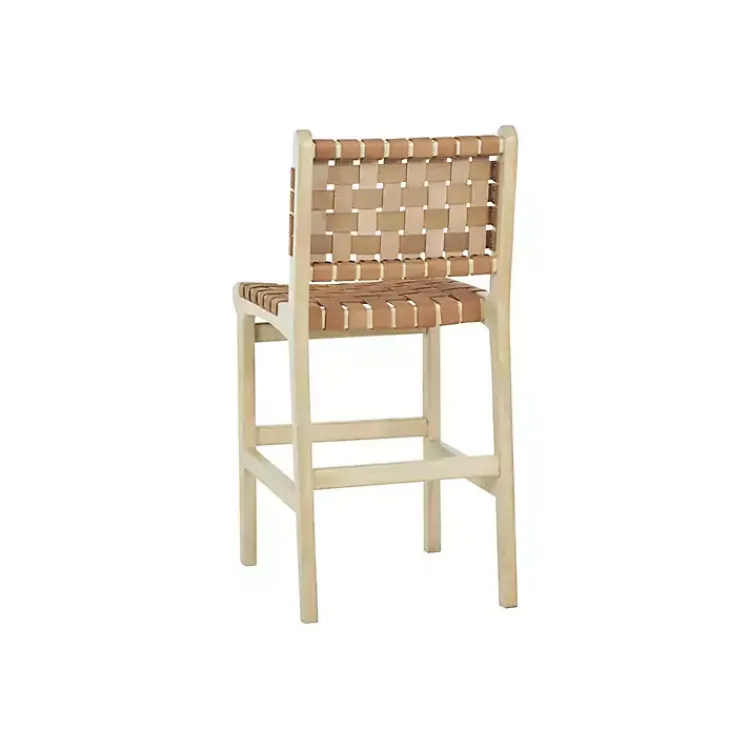 Bar Stools & Counter Height Stools-Kirklands Home Light Brown Woven Leather Wooden Counter Stool Tan
