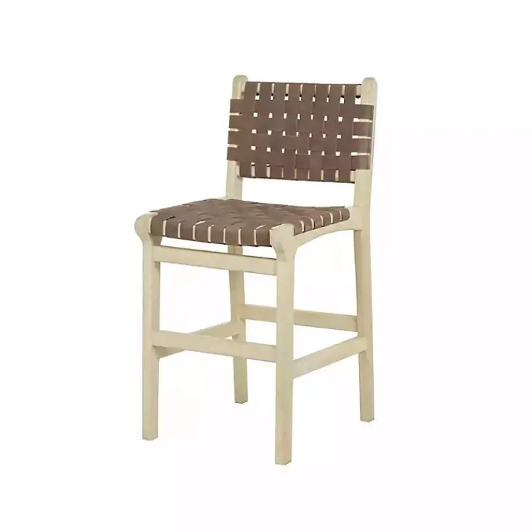 Bar Stools & Counter Height Stools-Kirklands Home Woven Leather Wooden Counter Stool Brown