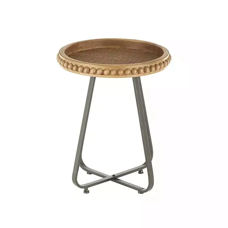 Accent & End Tables-Kirklands Home Beaded Wood Rattan Round Accent Table Brown