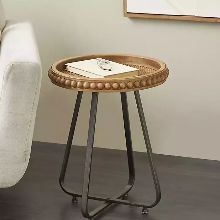 Accent & End Tables-Kirklands Home Beaded Wood Rattan Round Accent Table Brown