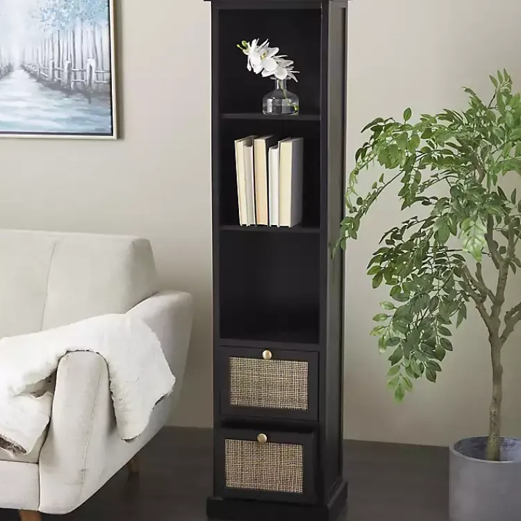 Bookshelves-Kirklands Home Wood and Rattan 3-Tier Bookcase Black