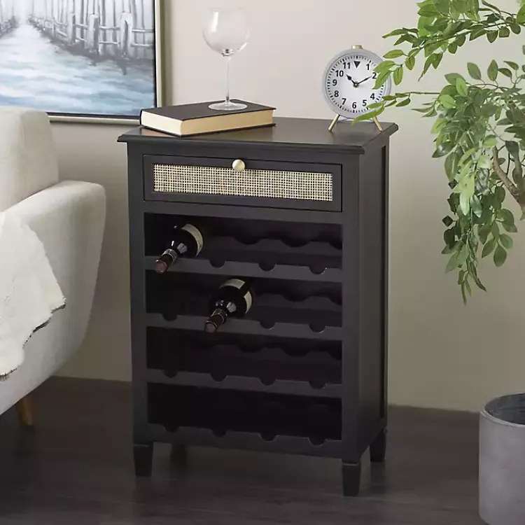 Cabinets & Sideboards-Kirklands Home Wood & Natural Rattan Wine Bottle Cabinet Black