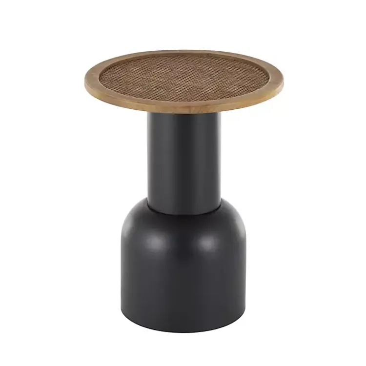 Accent & End Tables-Kirklands Home Black Metal Rattan Pedestal Accent Table, 16 in. Brown