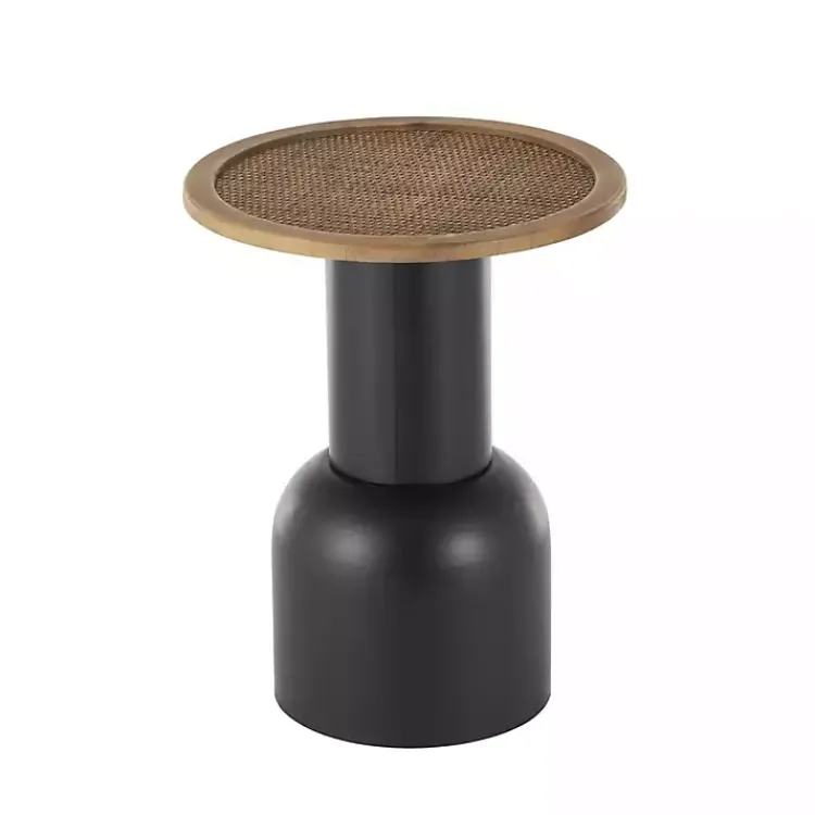 Accent & End Tables-Kirklands Home Black Metal Rattan Pedestal Accent Table, 16 in. Brown