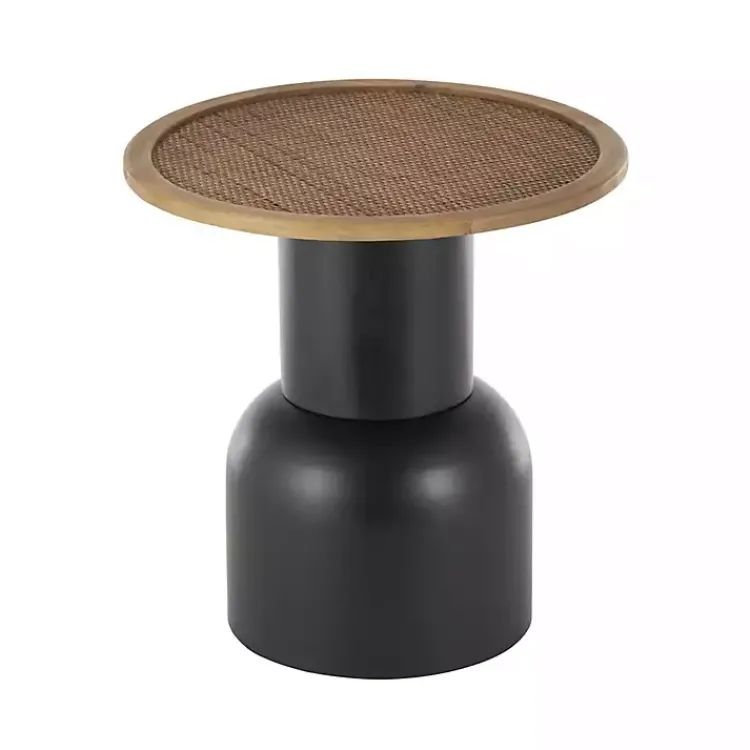 Accent & End Tables-Kirklands Home Black Metal Rattan Pedestal Accent Table, 19 in. Brown