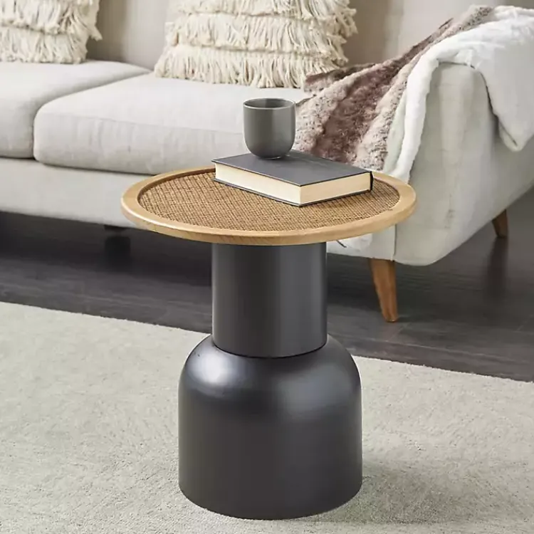 Accent & End Tables-Kirklands Home Black Metal Rattan Pedestal Accent Table, 19 in. Brown