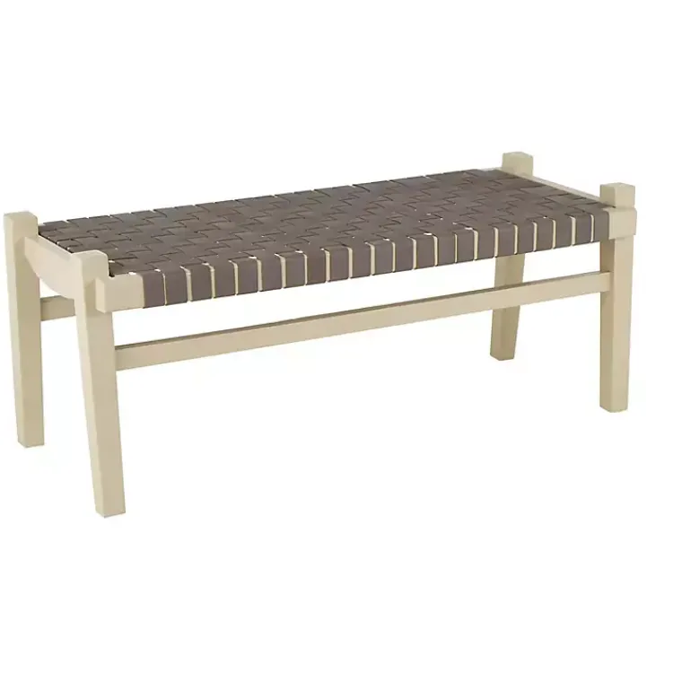 Benches & Ottomans-Kirklands Home Woven Leather Natural Wood Bench Brown
