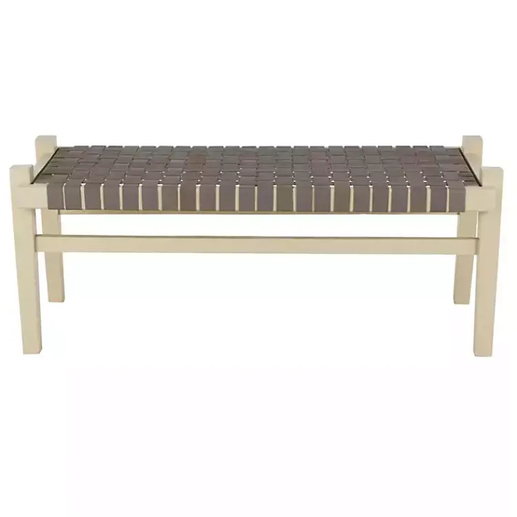 Benches & Ottomans-Kirklands Home Woven Leather Natural Wood Bench Brown