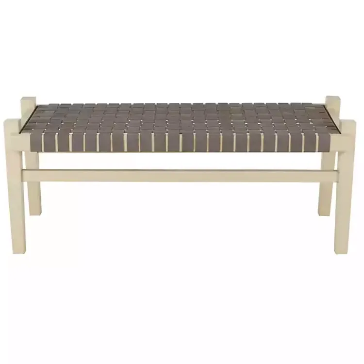 Benches & Ottomans-Kirklands Home Woven Leather Natural Wood Bench Brown