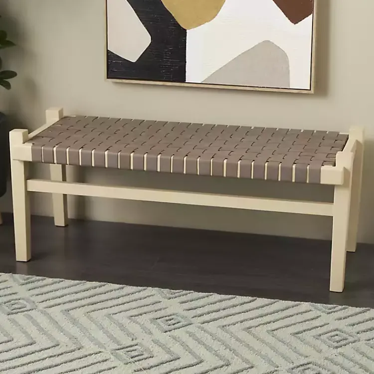 Benches & Ottomans-Kirklands Home Woven Leather Natural Wood Bench Brown