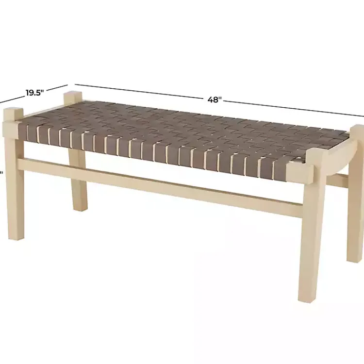Benches & Ottomans-Kirklands Home Woven Leather Natural Wood Bench Brown