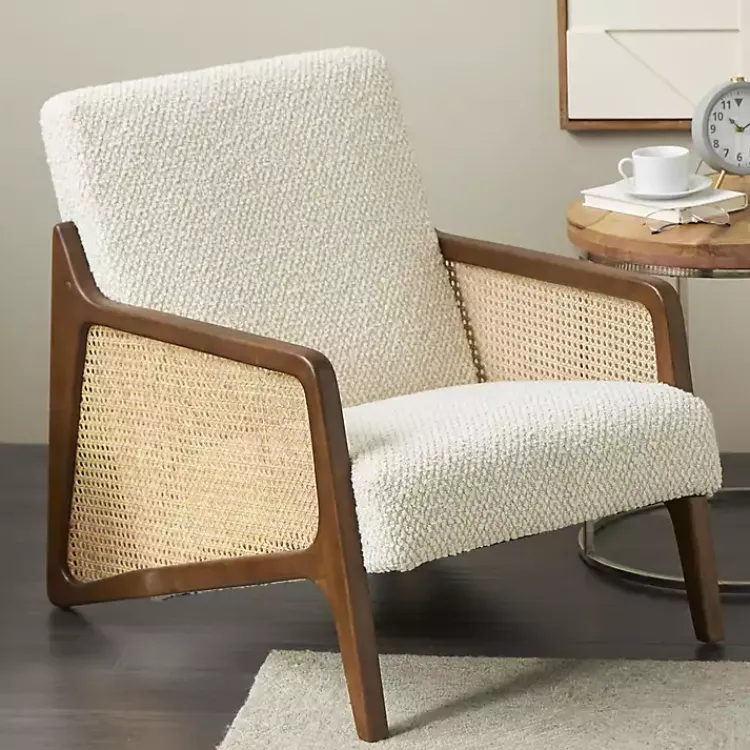 Accent Chairs-Kirklands Home Cream Boucle & Rattan Accent Chair White