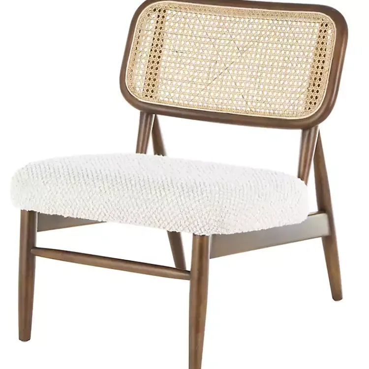 Accent Chairs-Kirklands Home Cream Boucle & Rounded Rattan Back Accent Chair White