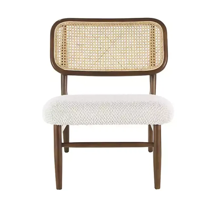 Accent Chairs-Kirklands Home Cream Boucle & Rounded Rattan Back Accent Chair White