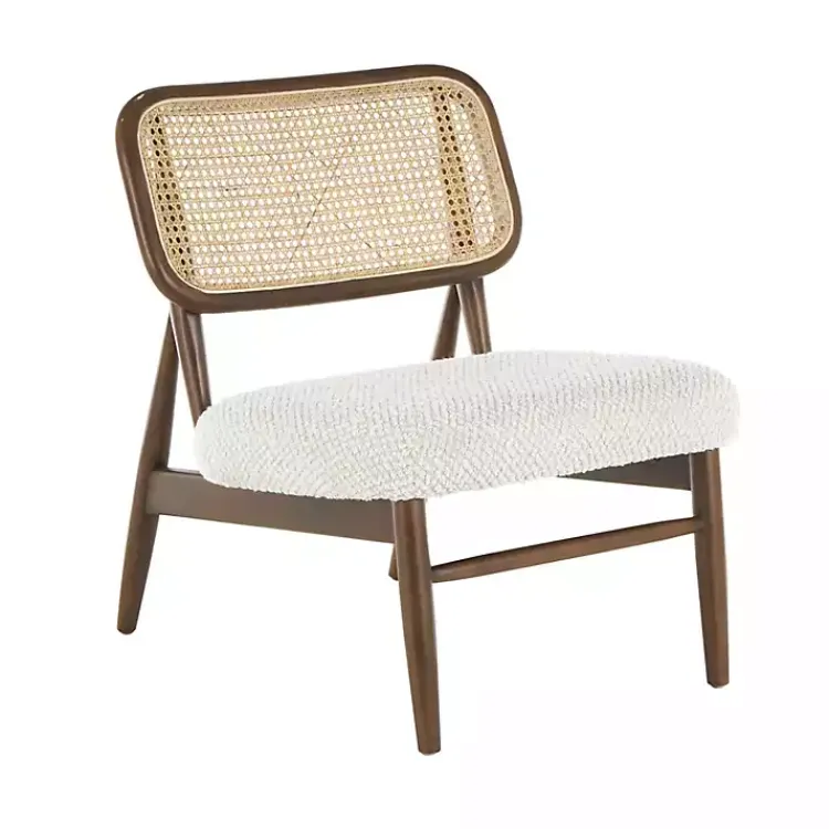 Accent Chairs-Kirklands Home Cream Boucle & Rounded Rattan Back Accent Chair White