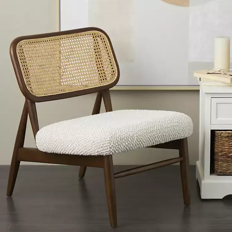 Accent Chairs-Kirklands Home Cream Boucle & Rounded Rattan Back Accent Chair White