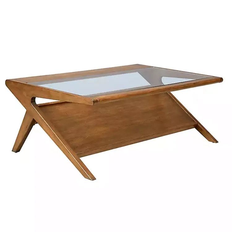 Coffee Tables-Kirklands Home Glass and Walnut Wood Angled Coffee Table Brown