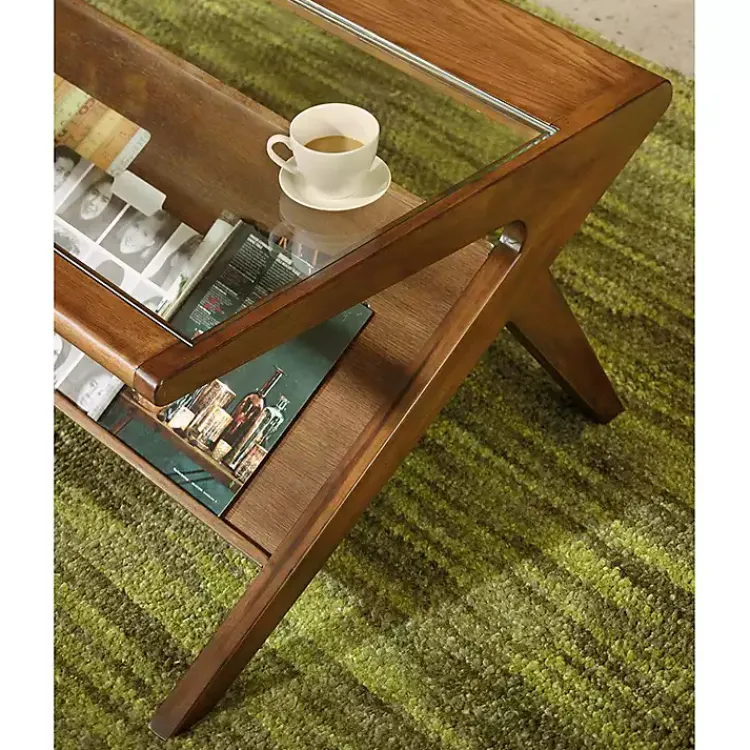 Coffee Tables-Kirklands Home Glass and Walnut Wood Angled Coffee Table Brown