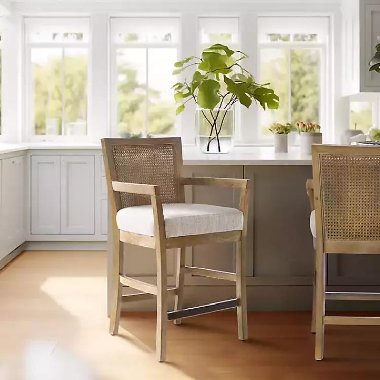 Bar Stools & Counter Height Stools-Kirklands Home Upholstered Cane Backrest Counter Stool Ivory