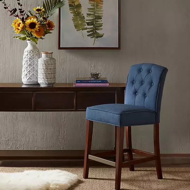 Bar Stools & Counter Height Stools-Kirklands Home Tufted Upholstered Wood Counter Stool Blue