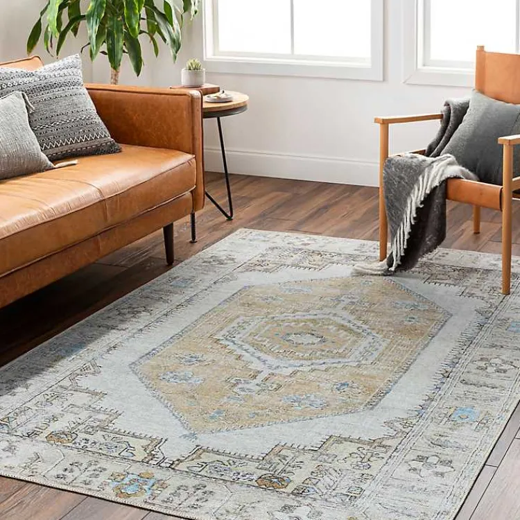 Area Rugs-Kirklands Home Amelie Yellow Traditional Washable Area Rug, 7x10