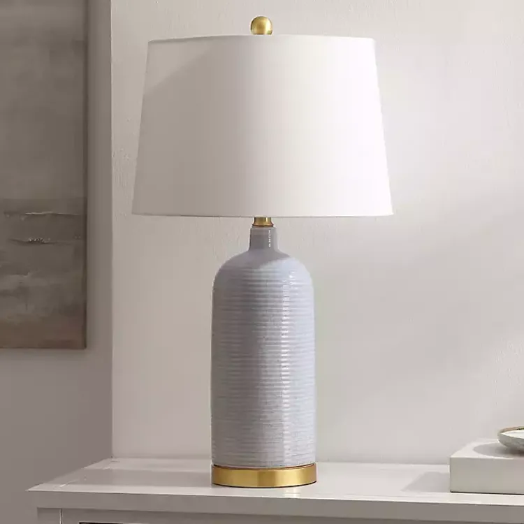 Table Lamps-Kirklands Home Blue-Gray Striations Ceramic Table Lamp White