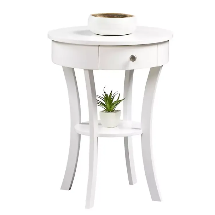 Accent & End Tables-Kirklands Home Curved Legs Round Drawer Accent Table White