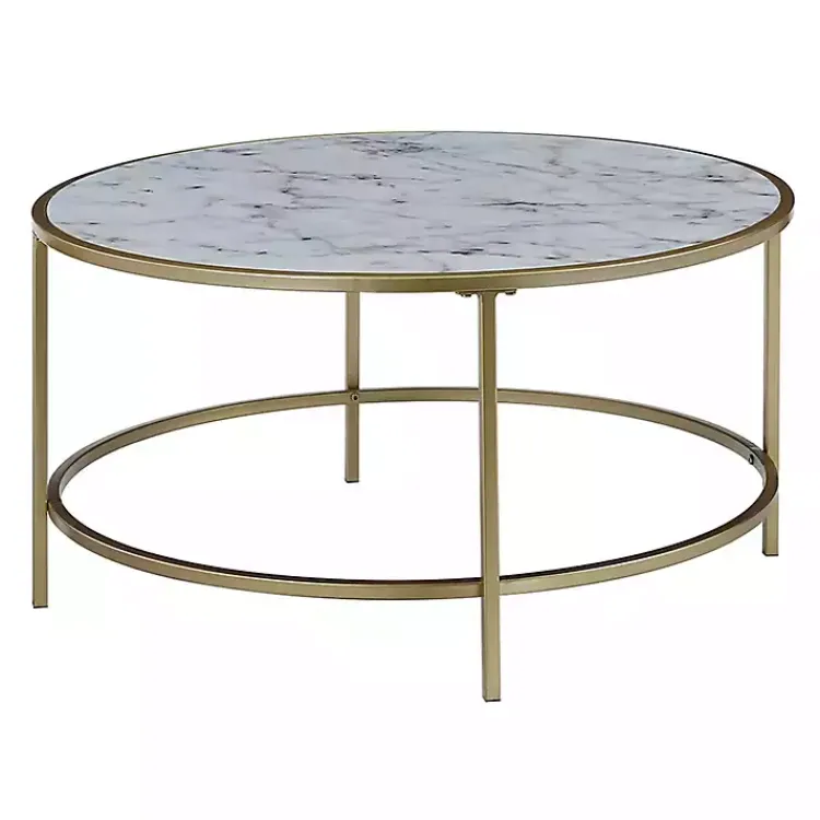 Coffee Tables-Kirklands Home White Marble & Metal Round Coffee Table Gold
