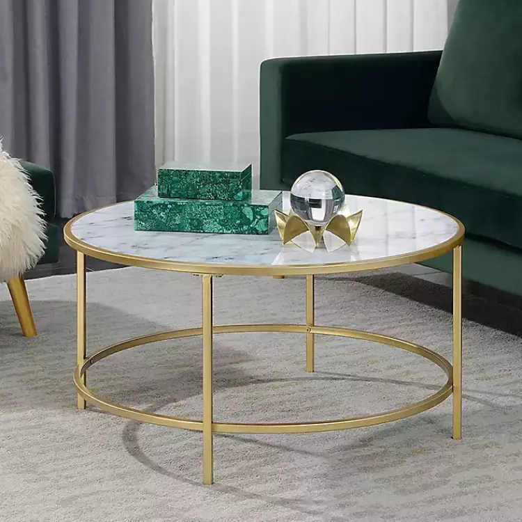 Coffee Tables-Kirklands Home White Marble & Metal Round Coffee Table Gold