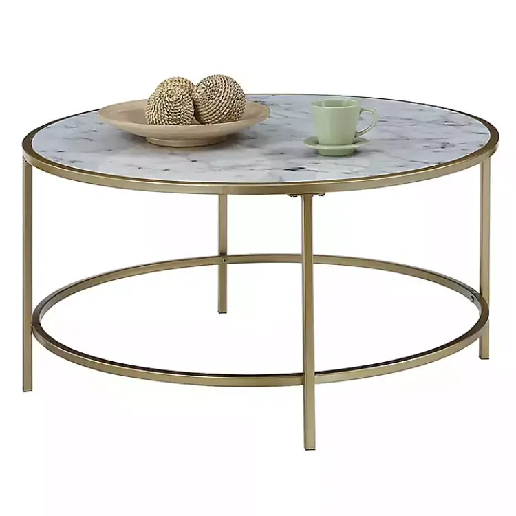 Coffee Tables-Kirklands Home White Marble & Metal Round Coffee Table Gold