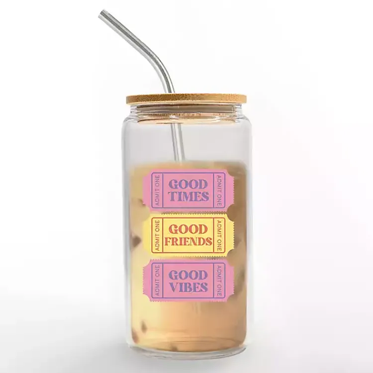Glassware & Drinkware-Kirklands Home Good Vibes Ticket Stub Glass Tumbler
