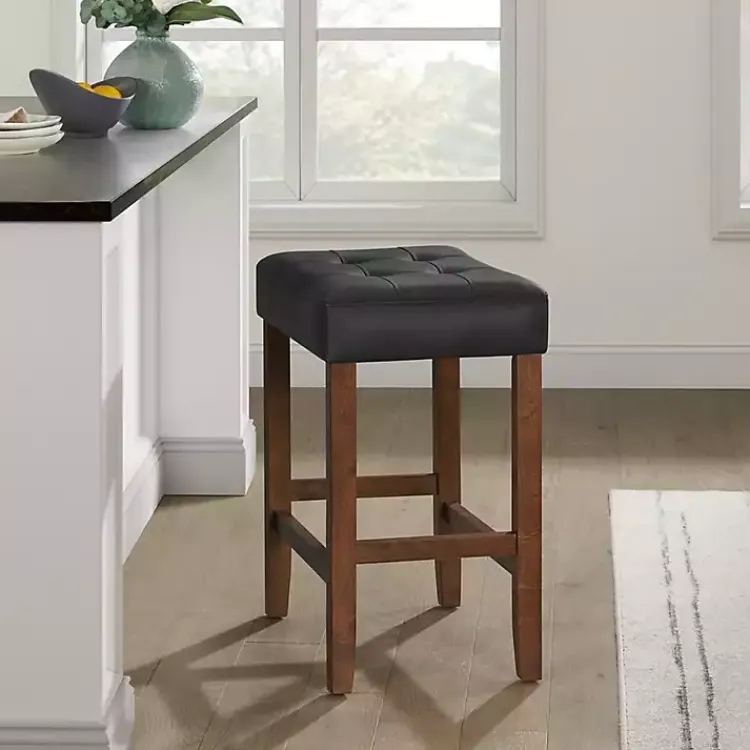 Bar Stools & Counter Height Stools-Kirklands Home Faux Leather Madison Walnut Counter Stool Black