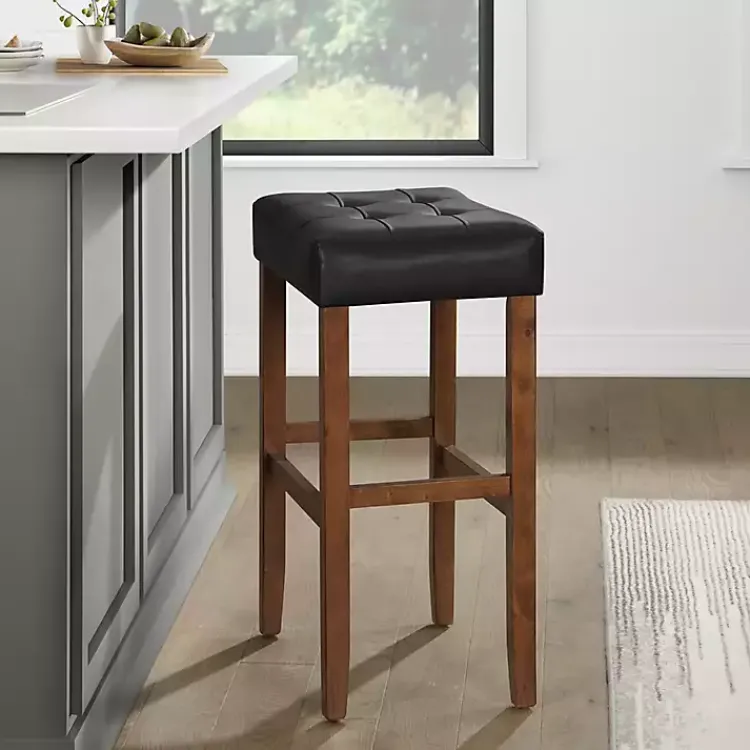 Bar Stools & Counter Height Stools-Kirklands Home Black Faux Leather Madison Walnut Stool Bar