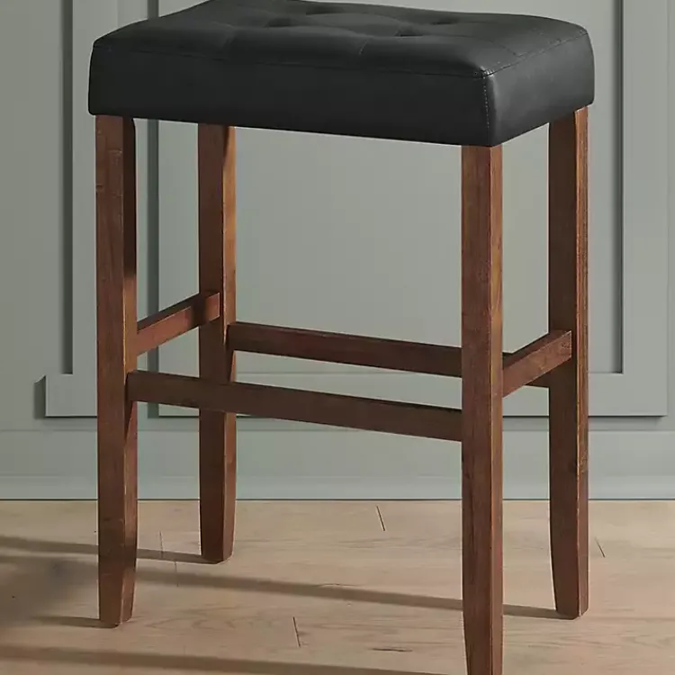 Bar Stools & Counter Height Stools-Kirklands Home Black Faux Leather Madison Walnut Stool Bar