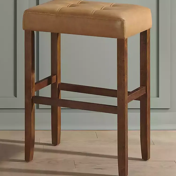 Bar Stools & Counter Height Stools-Kirklands Home Faux Leather Madison Walnut Bar Stool Tan