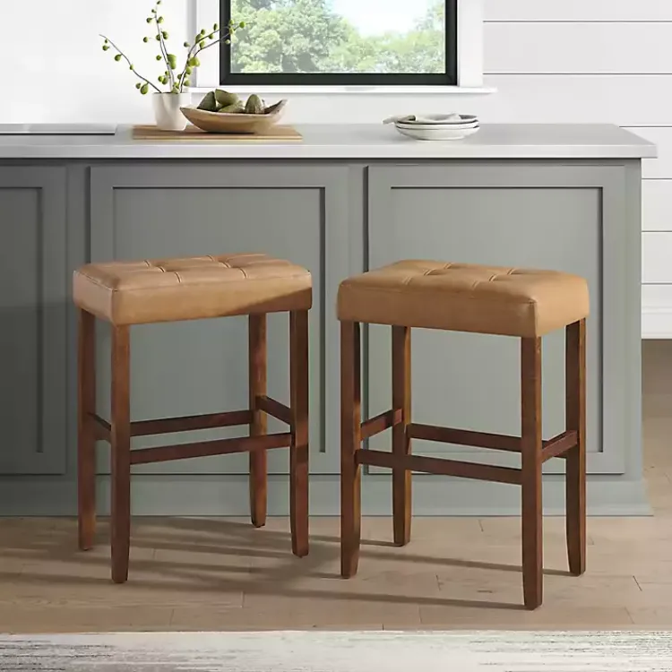 Bar Stools & Counter Height Stools-Kirklands Home Faux Leather Madison Walnut Bar Stool Tan
