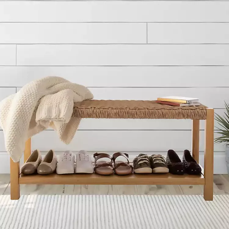 Entryway Furniture-Kirklands Home Newport Natural Wood and Rattan Bench with Shelf Brown