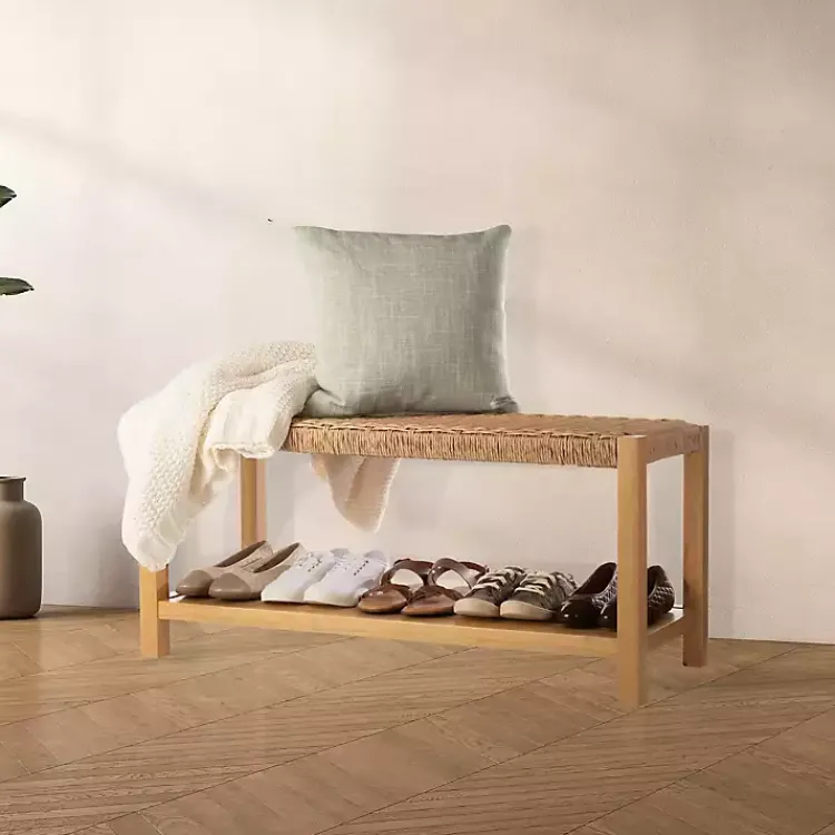 Entryway Furniture-Kirklands Home Newport Natural Wood and Rattan Bench with Shelf Brown