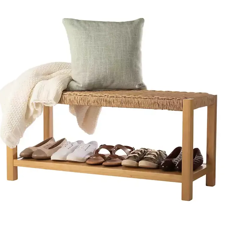 Entryway Furniture-Kirklands Home Newport Natural Wood and Rattan Bench with Shelf Brown