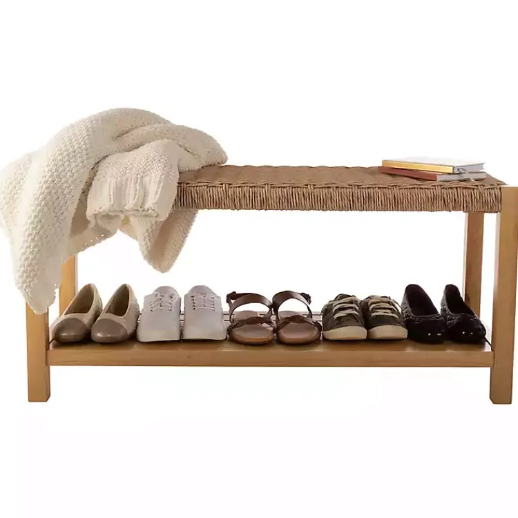 Entryway Furniture-Kirklands Home Newport Natural Wood and Rattan Bench with Shelf Brown
