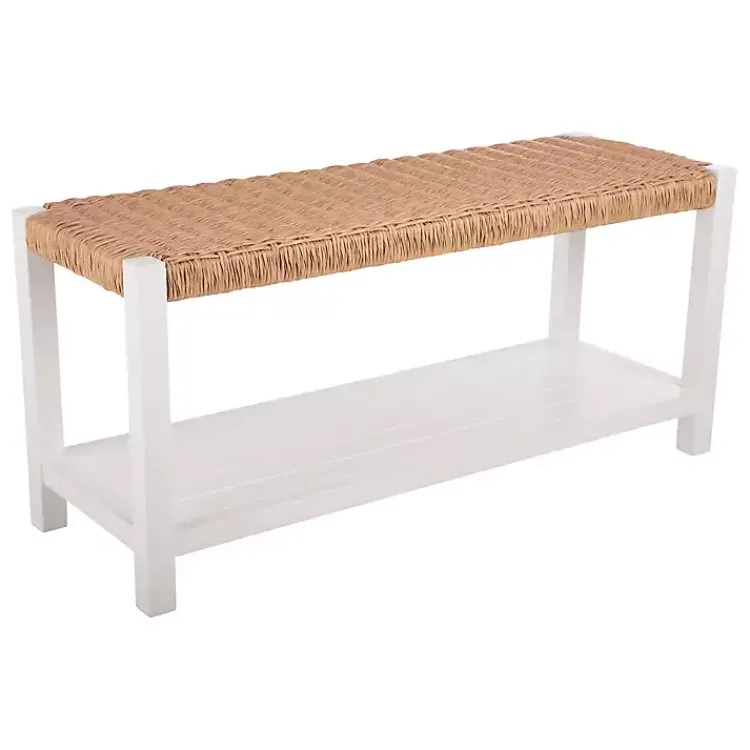 Benches & Ottomans-Kirklands Home White Newport Wood and Rattan Bench with Shelf Brown