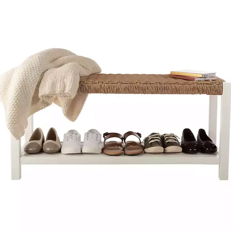 Benches & Ottomans-Kirklands Home White Newport Wood and Rattan Bench with Shelf Brown
