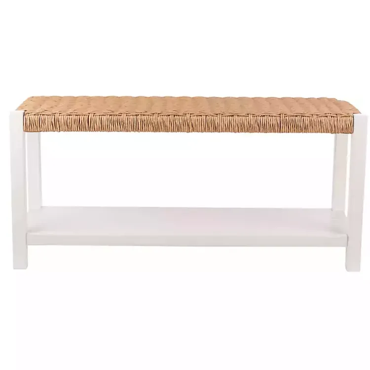 Benches & Ottomans-Kirklands Home White Newport Wood and Rattan Bench with Shelf Brown