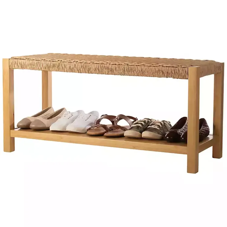 Benches & Ottomans-Kirklands Home White Newport Wood and Rattan Bench with Shelf Brown
